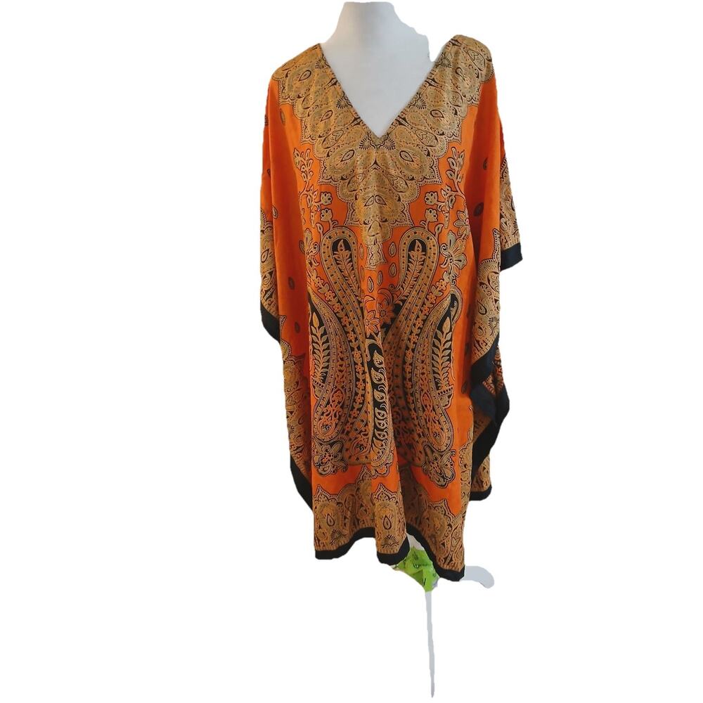 Boho Kaftan Dress Orange Paisley Tunic Loose Fit One Size Beach Cover Up